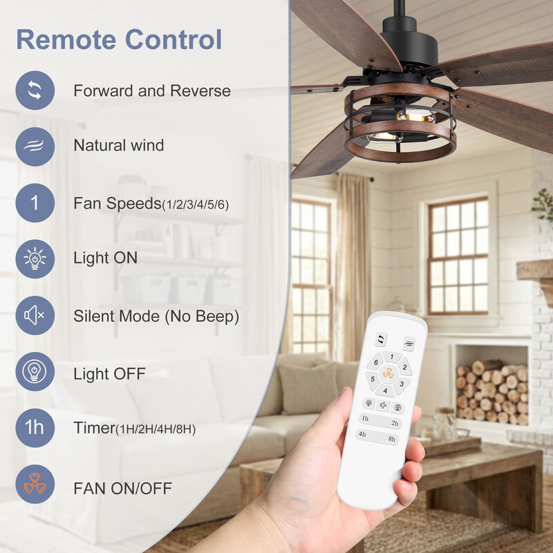 Breezary 52" Ceiling Fan with Light, 5 Plywood Blades, E26 2-Light, 6 Speeds, Remote Control image number 3