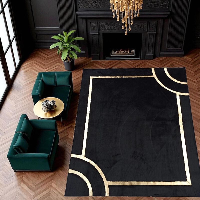 Black Geometric Gold Border Plush Rug image number 5