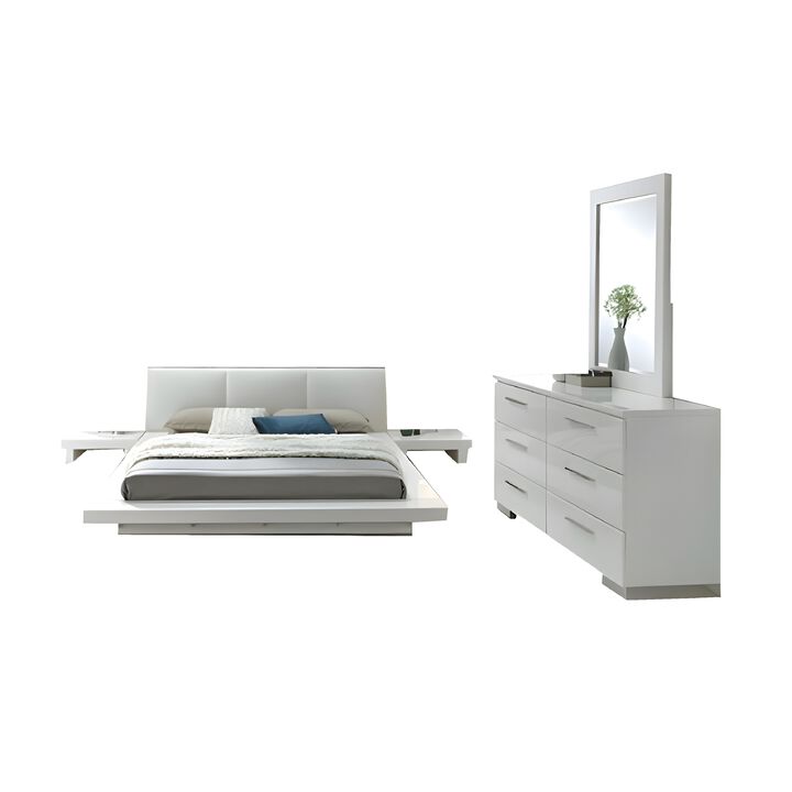 Estin 4pc Queen Bedroom Set, Low Profile Bed, Dresser Mirror, White