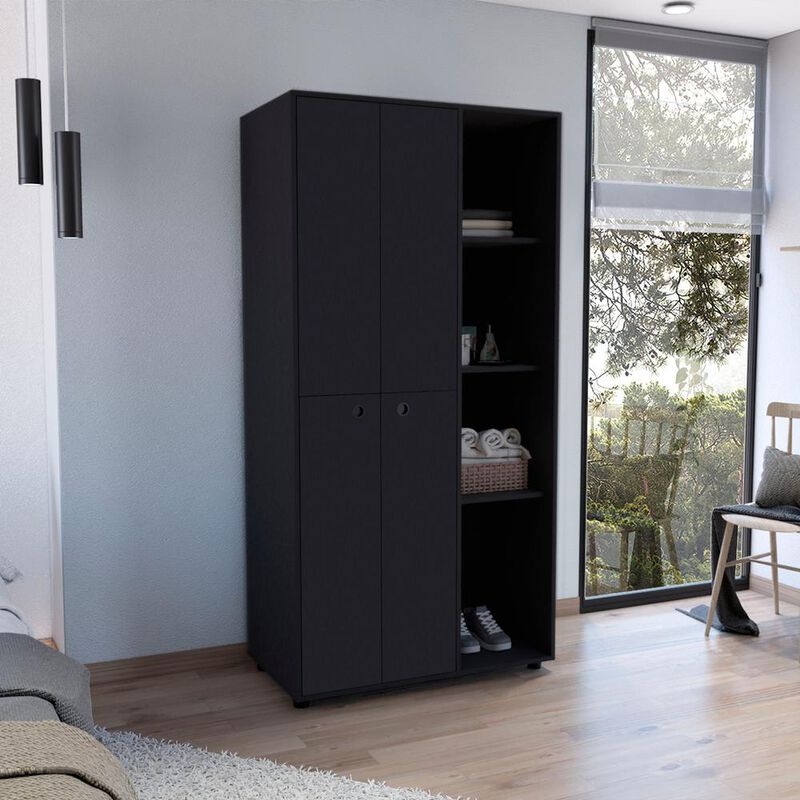 Armoire with 2-door Storage with Metal Rods, Drawer, 3 Open Shelves, Black