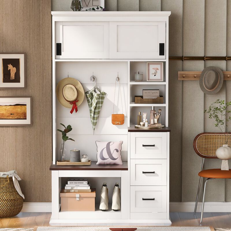 Clihome Modern Entryway Bench with Coat Rack, 3 Shelves and Drawers, 3 Sturdy Hooks, 40.2'' Wide Hall Tree with Storage Bench for Hallway, Entryway, Living Room image number 1