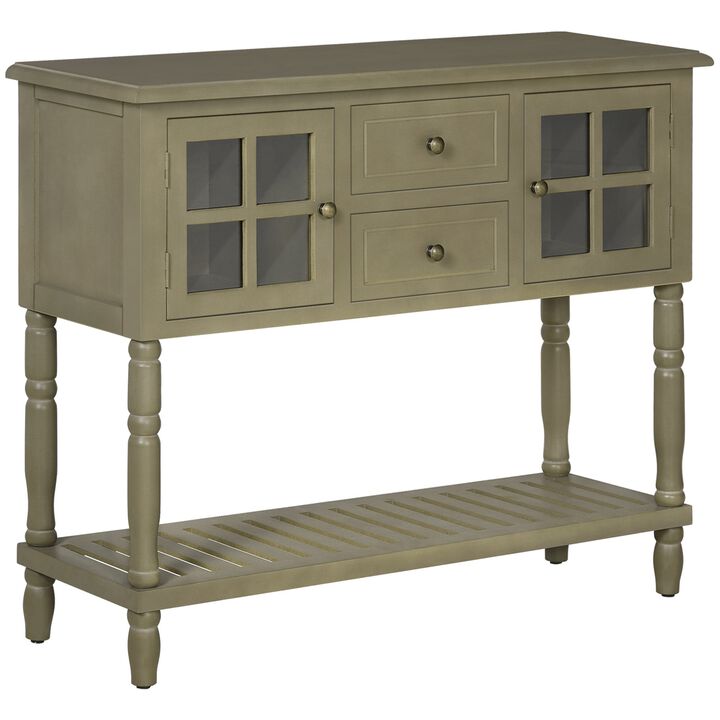 Vintage Console Table with 2 Drawers and Cabinets, Retro Sofa Table for Entryway, Living Room and Hallway, Light Grey