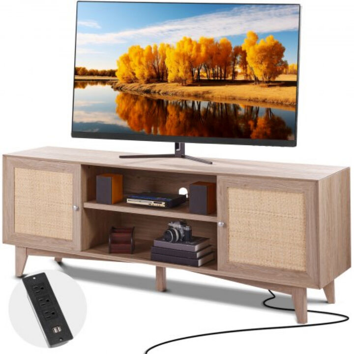 Rattan TV Cabinet for 75 Inch TVs – Boho Style, Built-in Power Socket, Dual Shelf Storage, Entertainment Center for Media Room