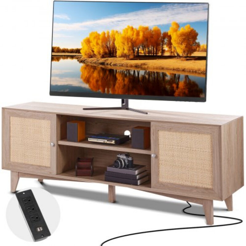 Rattan TV Cabinet for 75 Inch TVs &ndash; Boho Style, Built-in Power Socket, Dual Shelf Storage, Entertainment Center for Media Room