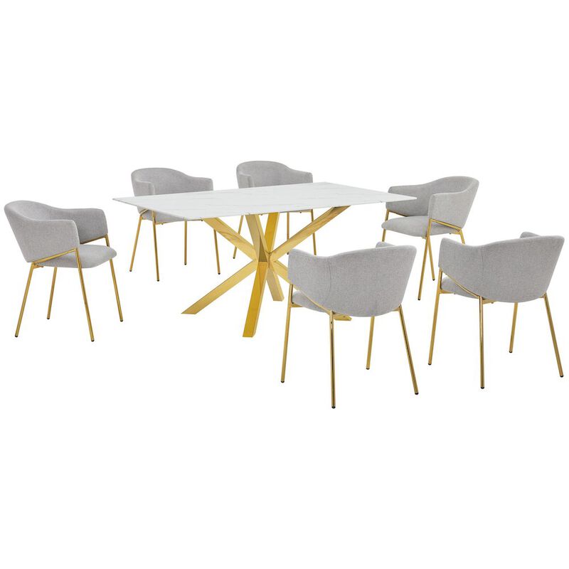 Best Quality Furniture 7Pc Rectangle Marble Wrap Tempered Glass Dining Table 6 Linen Gray Side Chairs