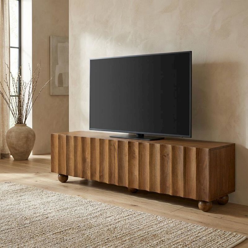 Scalloped Wood TV Stand in Neutral Finish with Spacious Storage image number 4