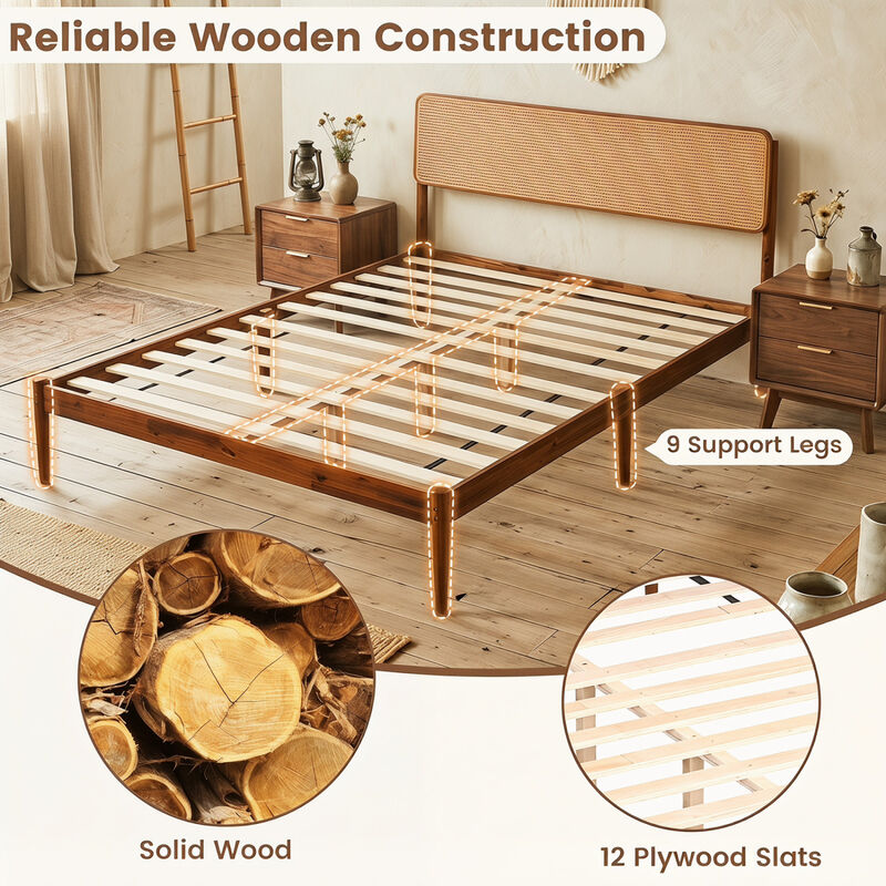 Rattan Style Wooden Bed Frame with Slatted Support System image number 5