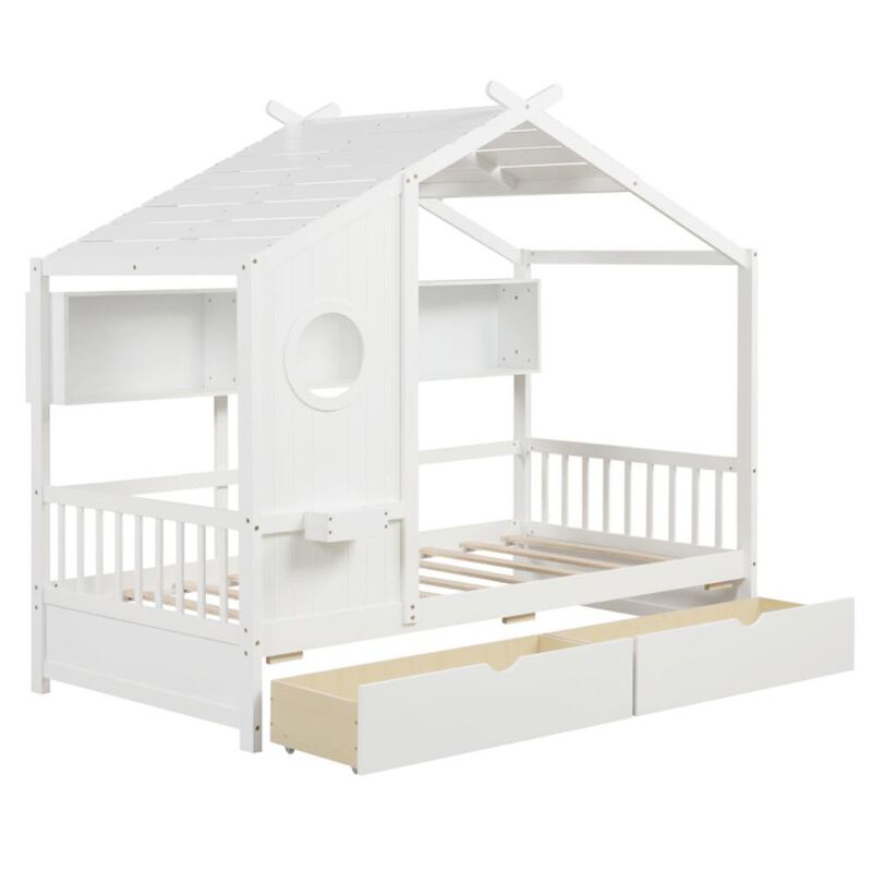 Hivvago Twin Size House Bed with 2 Storage Drawers and Fence Guardrails