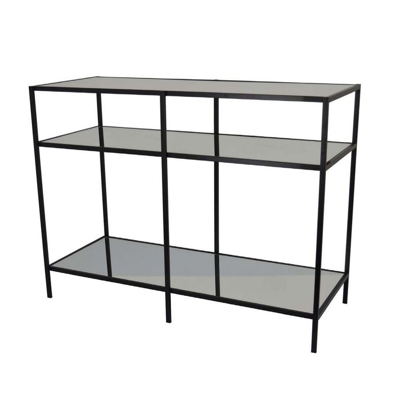 Gwen Plant Stand with 3 Mirrored Shelves, Black Metal Frame 40 Inch - Benzara