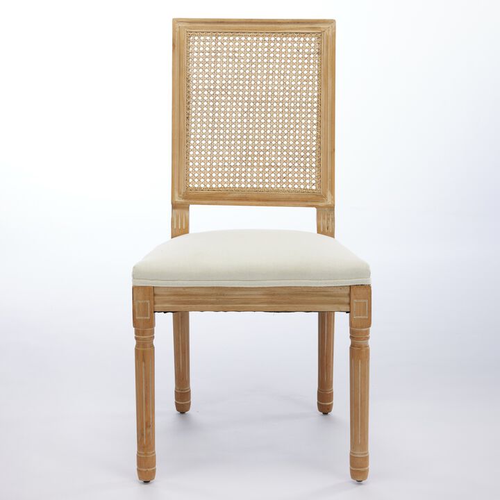 Whisen French Dining Chairs Set of 2, Solid Rubberwood Frame with Linen Upholstery and Rattan Back, for Living Room Kitchen Restaurant