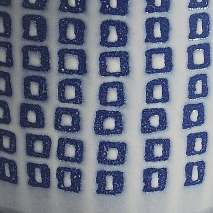 5 Inch Ceramic Planter, Saucer, Round, Square Pattern, White and Blue-Benzara