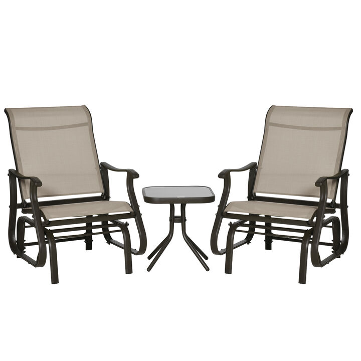 Outsunny 3-Piece Outdoor Gliders Set Bistro Set with Steel Frame, Tempered Glass Top Table for Patio, Garden, Backyard, Lawn, Grey
