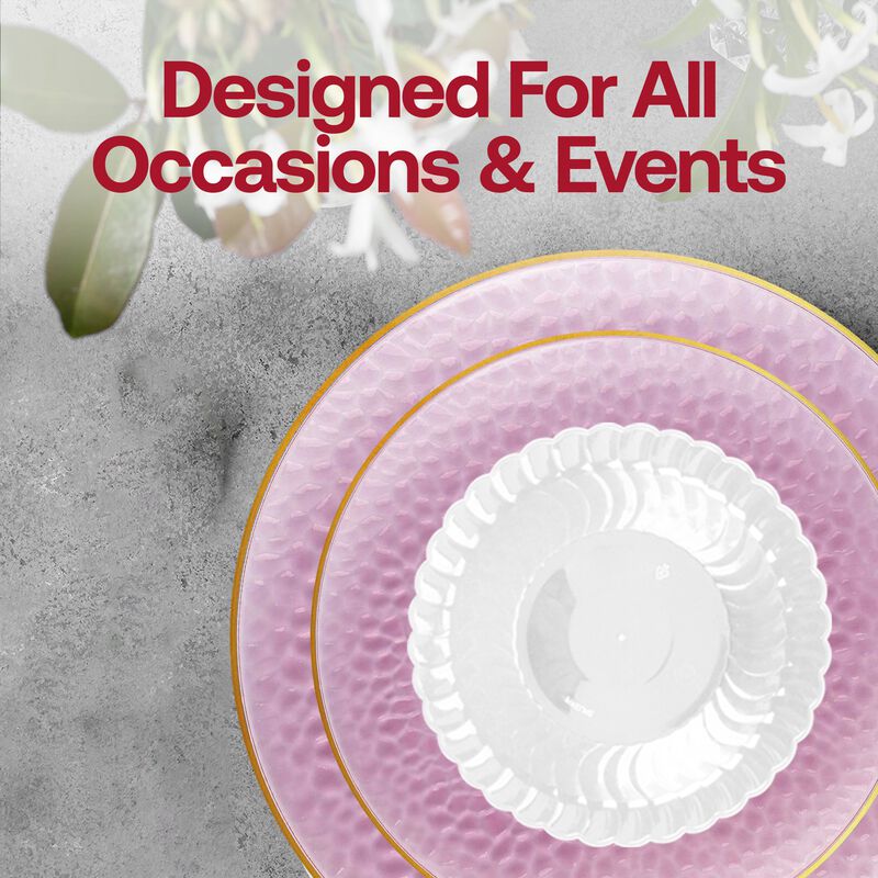 Clear Pink with Gold Rim Hammered Glass Plastic Tableware Set (120 Sets) image number 7