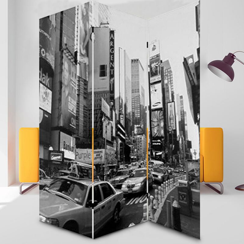 3 Panel Foldable Canvas Screen with NYC Print, Black and White-Benzara