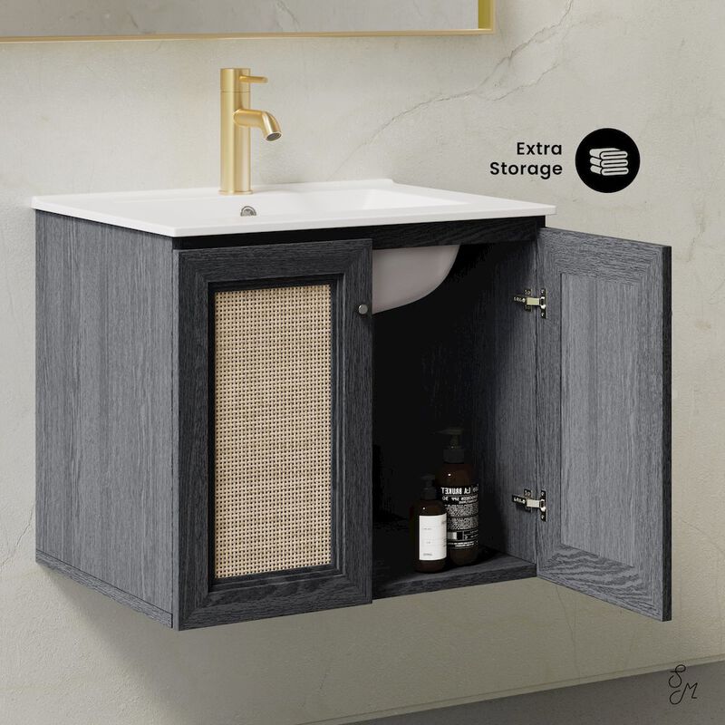24" Wall-Mounted Bathroom Vanity in Black Oak with Single Faucet Hole Vanity Top image number 2