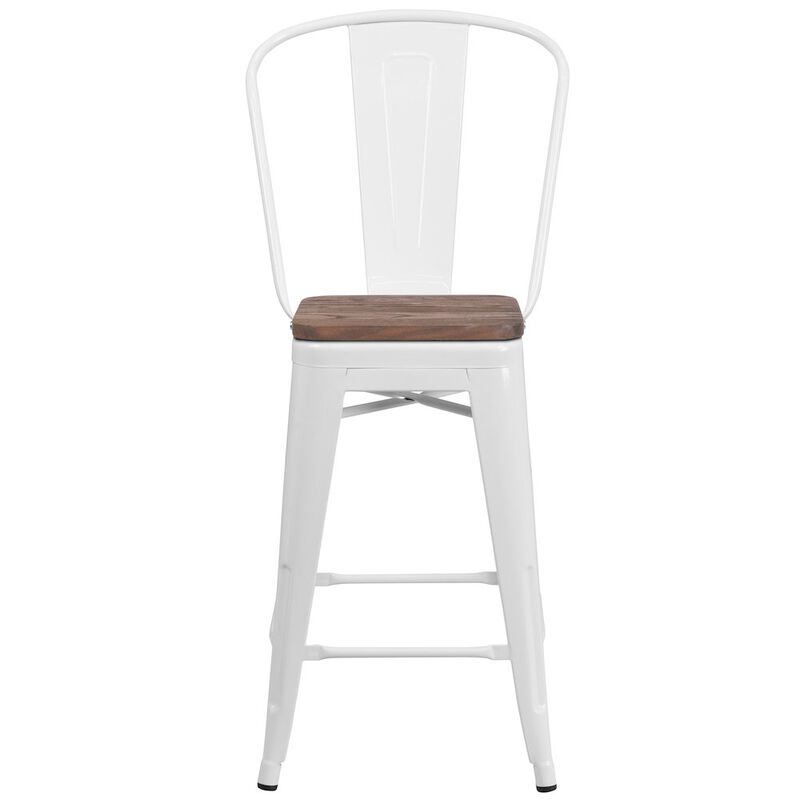 Flash Furniture 24" High White Metal Counter Height Stool with Back and Wood Seat image number 6