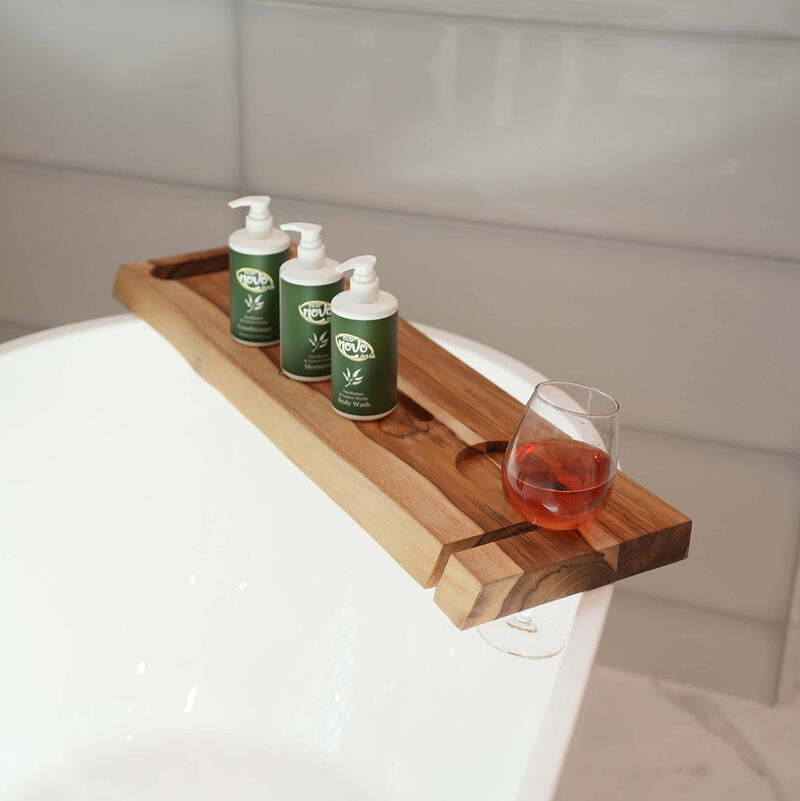 EcoDecors Eleganto 30" Solid Teak Bath Caddy Tray with Wine Glass & Tablet Holder image number 1