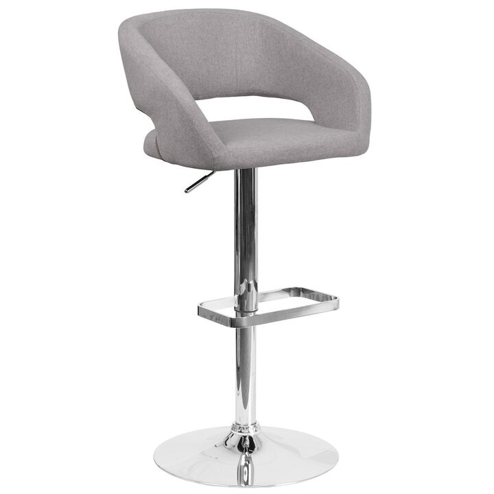 Flash Furniture Gray Fabric Adjustable Height Barstool with Rounded Mid-Back and Chrome Base