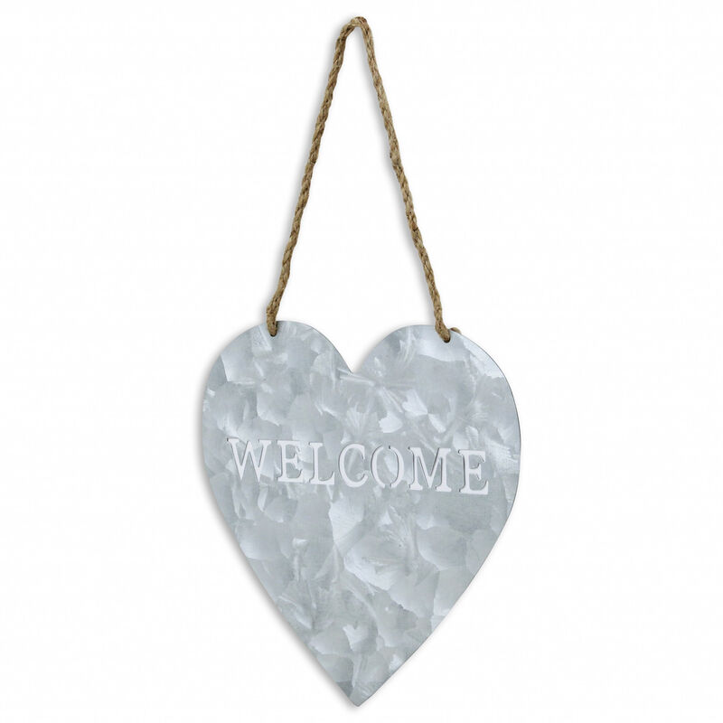 HomeRoots 10" Gray Galvanized Metal Heart Shaped Welcome Wall Decor image number 2