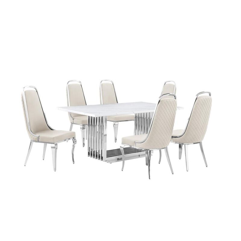 7pc Small(68") marble top dining set with silver base and 6 Cream side chairs