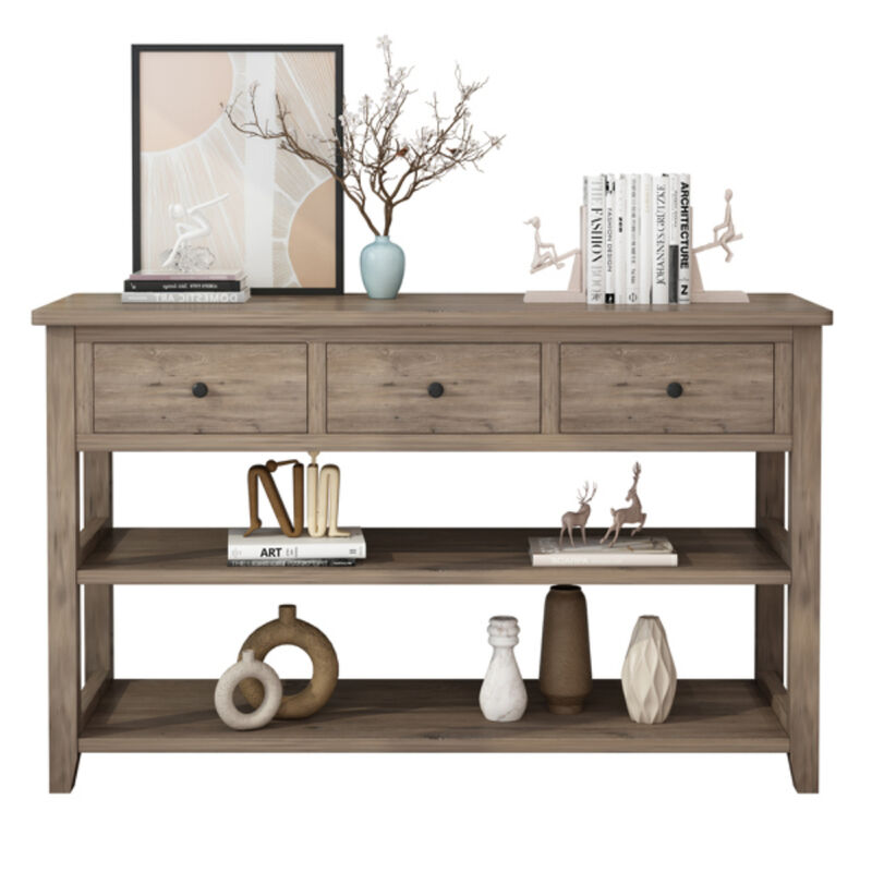 Entryway Console Table with Wood Frame, 3 Drawers, and 2 Open Shelves for Storage