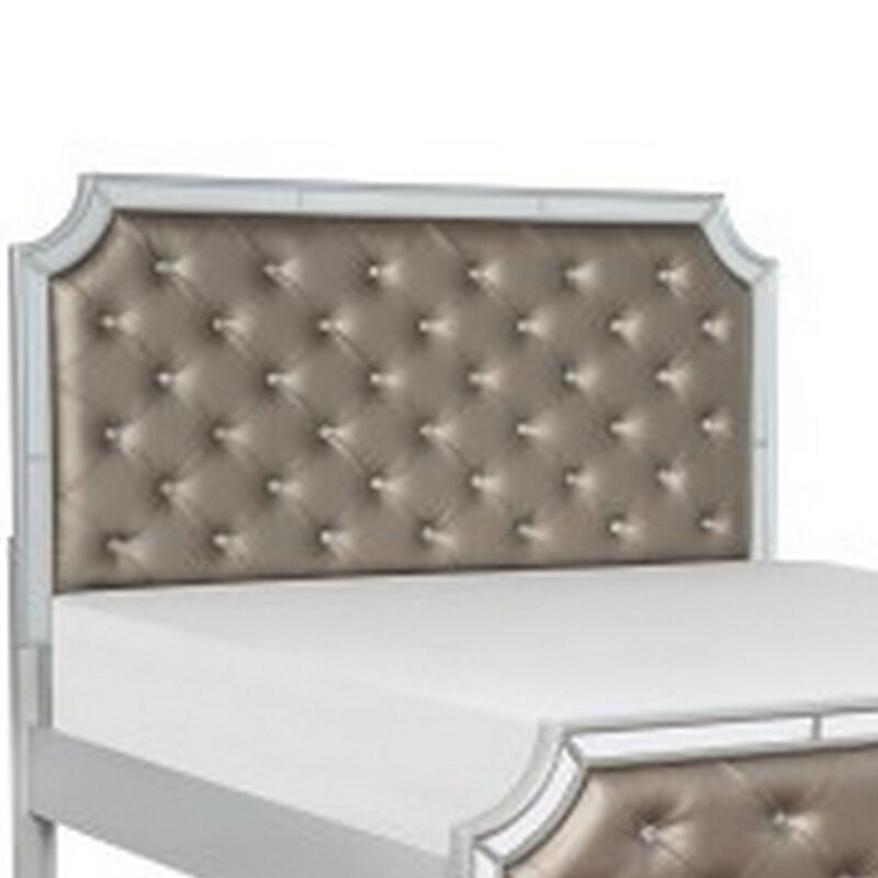 Badra Queen Bed with Crystal Button Tufting, Mirror Trim, Gray Faux Leather - Benzara