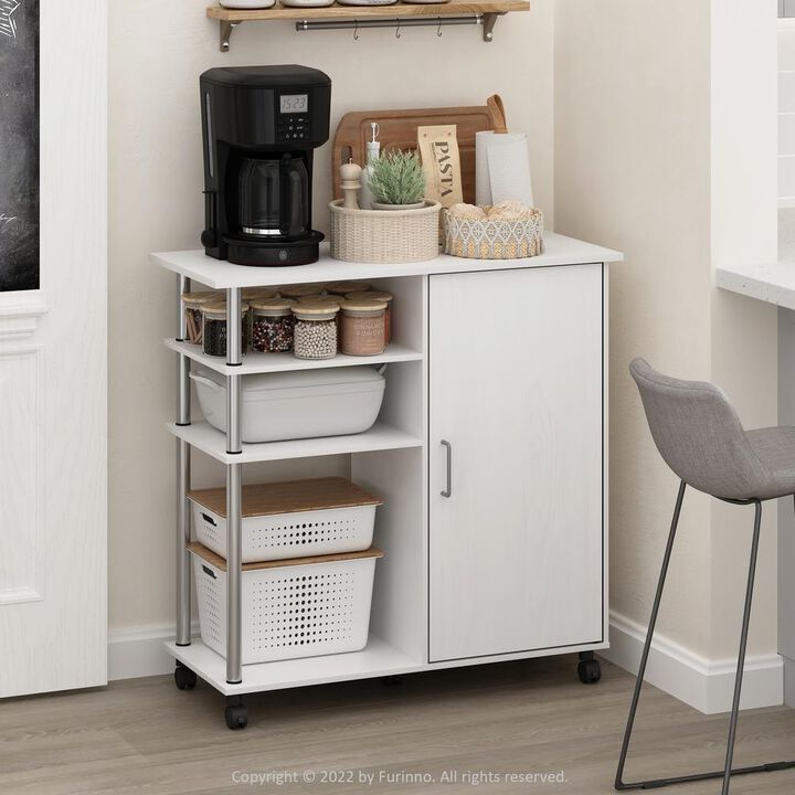 Furinno Helena 4-Tier Utility Kitchen Island and Storage Cart on wheels with Stainless Steel Tubes, White Oak/Chrome