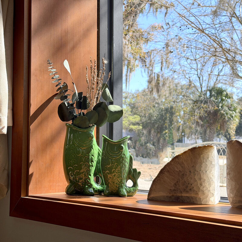 Set of 2 Green Glossy Porcelain Vases 8in Gurgling Fish Coastal Decor image number 5