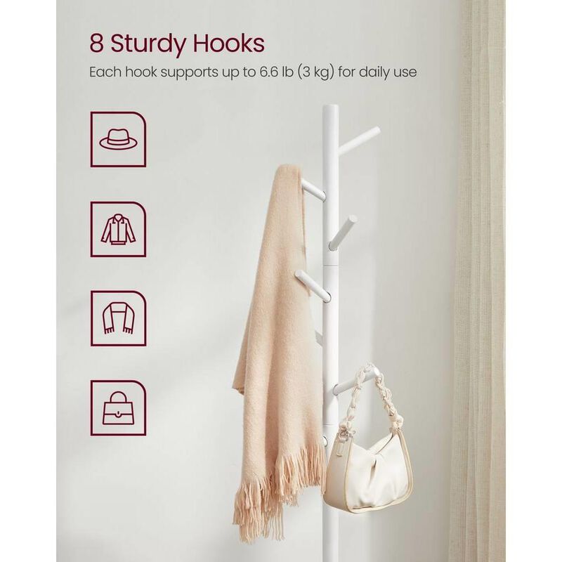 Hivvago Sturdy Solid Wood Coat Rack in White Finish with 8 Hooks