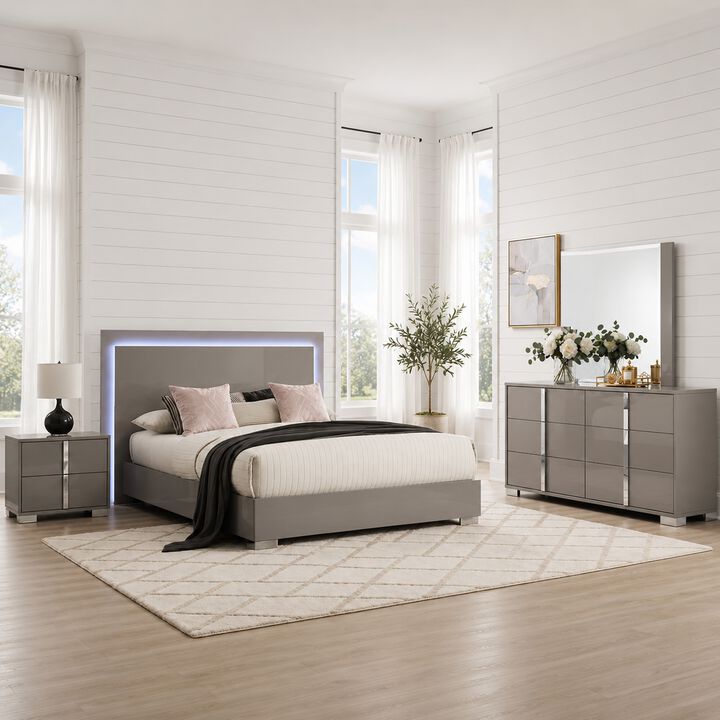 Suni 4pc Complete Queen Bedroom Set w LED Headboard, Light Taupe Gray