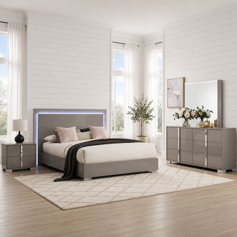 Suni 4pc Complete Queen Bedroom Set w LED Headboard, Light Taupe Gray image number 1