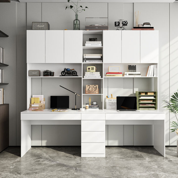94.5 in. W Large 2-in-1 Wood Double Computer Desk White Writing Desk with 86.6" Tall Bookshelf, Drawers for Home Office