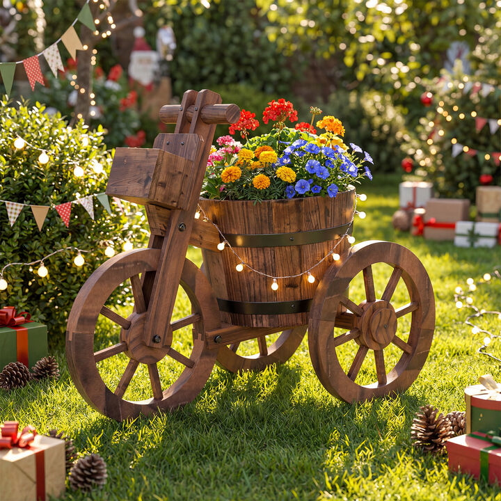 Wooden Tricycle Planter with Wheels and Built-In Storage Box-Coffee