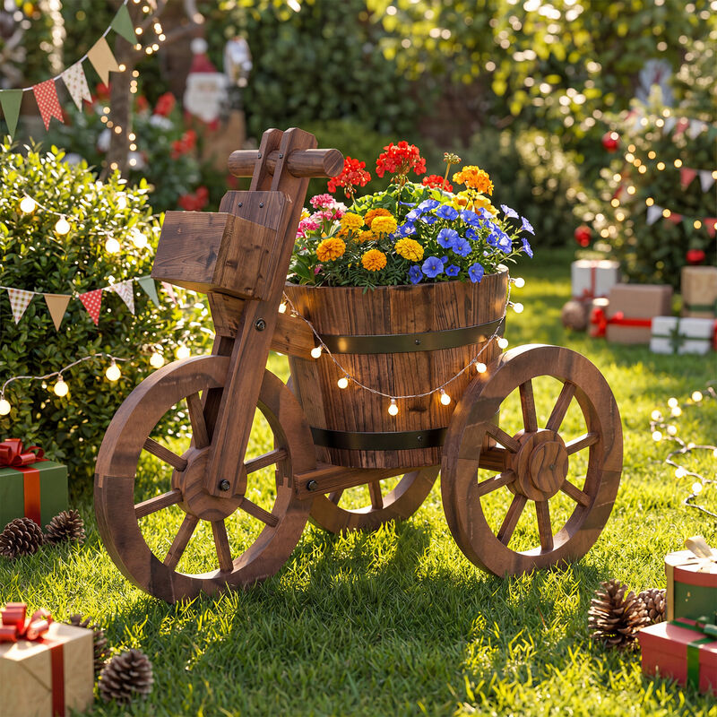 Wooden Tricycle Planter with Wheels and Built-In Storage Box-Coffee image number 1