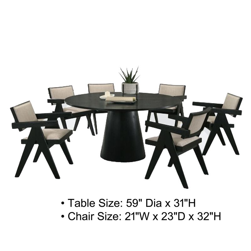 Bili 7pc Round Dining Table and 6 Armchairs Set, Open Back, Beige, Black - Benzara