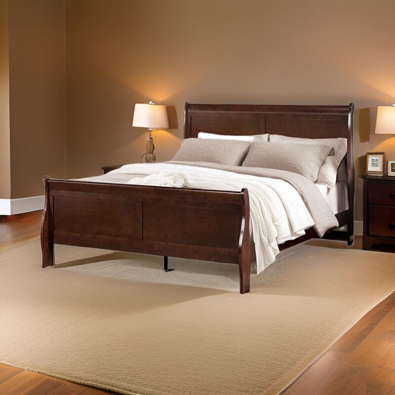 Ryla Queen Size Bed, Sleigh Panel Headboard, Dark Cherry Brown Solid Wood - Benzara