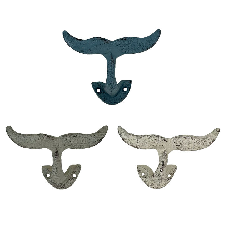 Set of 3 Cast Iron Nautical Whale Tail Wall Hooks - Stylish and Functional Towel, Hat, and Key Hangers - Rustic 5-Inch Decorative Hooks for Coastal-Themed Home