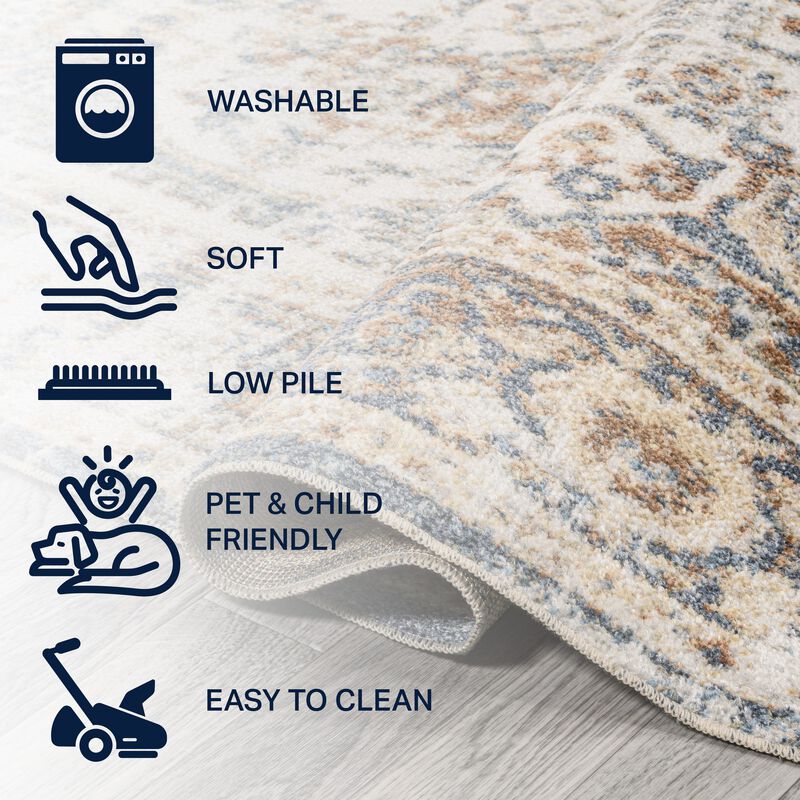 Keesha Bold Distressed Medallion Low-Pile Machine-Washable Blue/Cream. Area Rug