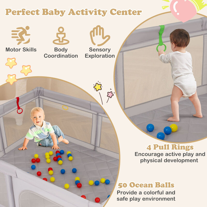 Large Infant Playpen, Activity Yard with Pull Rings & Ball Pit Balls-Gray image number 6