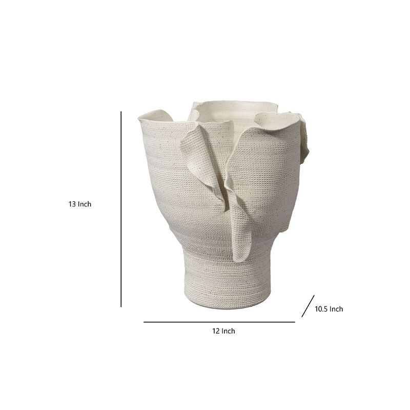 Tio Modern Vessel Vase, Flowing Petal Folds, White Porcelain 13 Inch