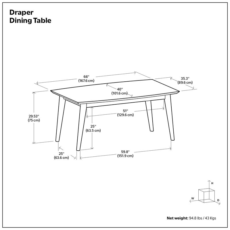 Draper SOLID HARDWOOD and Rubberwood 66 inch x 40 inch Rectangle Mid Century Modern Dining Table in Teak Brown