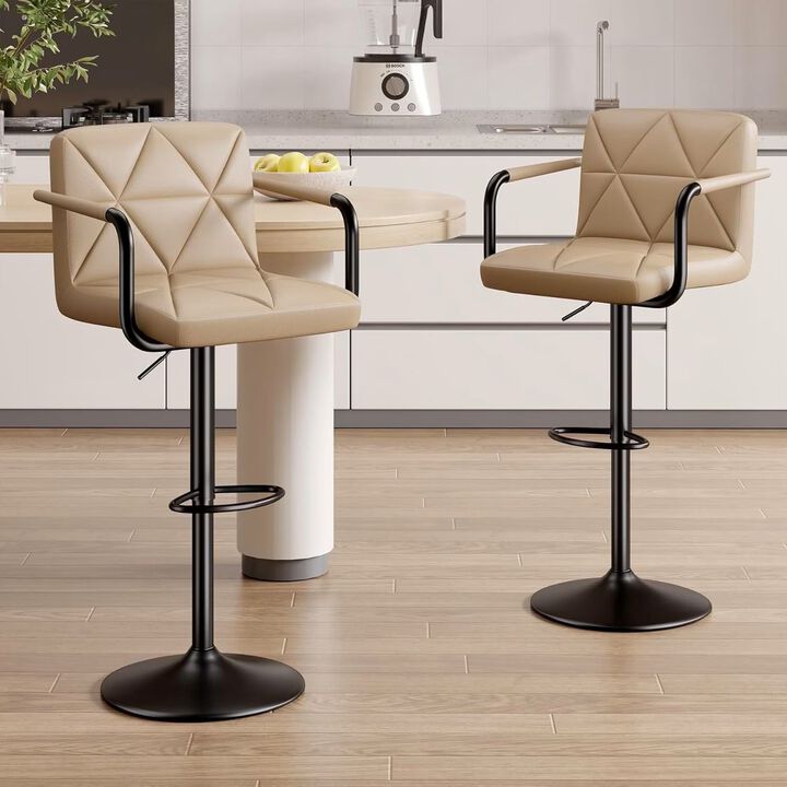 Leather Swivel Bar Stools Set of 2, Adjustable Height Square Counter Stools with Back & Iron Frame, 360&deg; Kitchen Island Chairs for Outdoor, Home Bar, Hotel