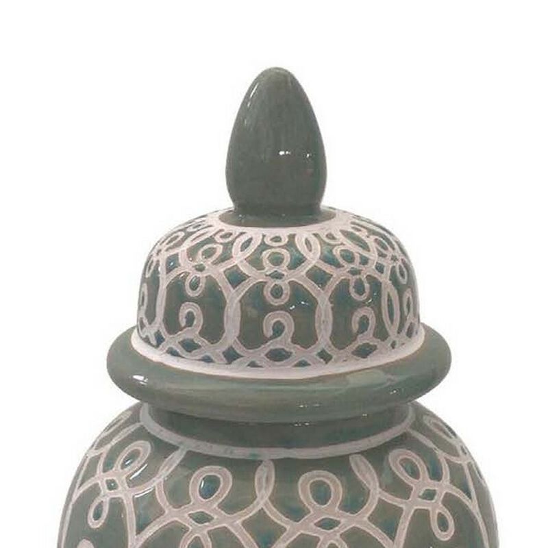 12 Inch Temple Jar, Ceramic Intricate Geometric Pattern, Removable Lid, Olive Green - Benzara