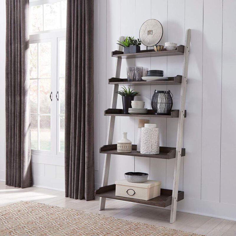 Liberty Furniture Farmhouse Leaning Bookcase in Two Tone White w/ Wood Tone Top image number 3