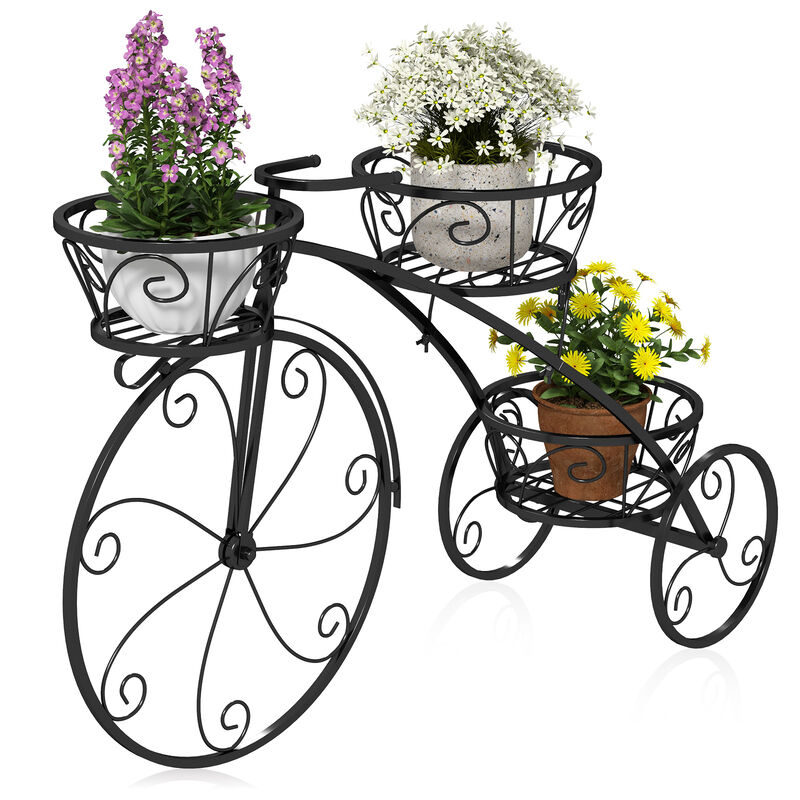 Tricycle Plant Stand Flower Pot Cart Holder with 3 Hollowed Baskets