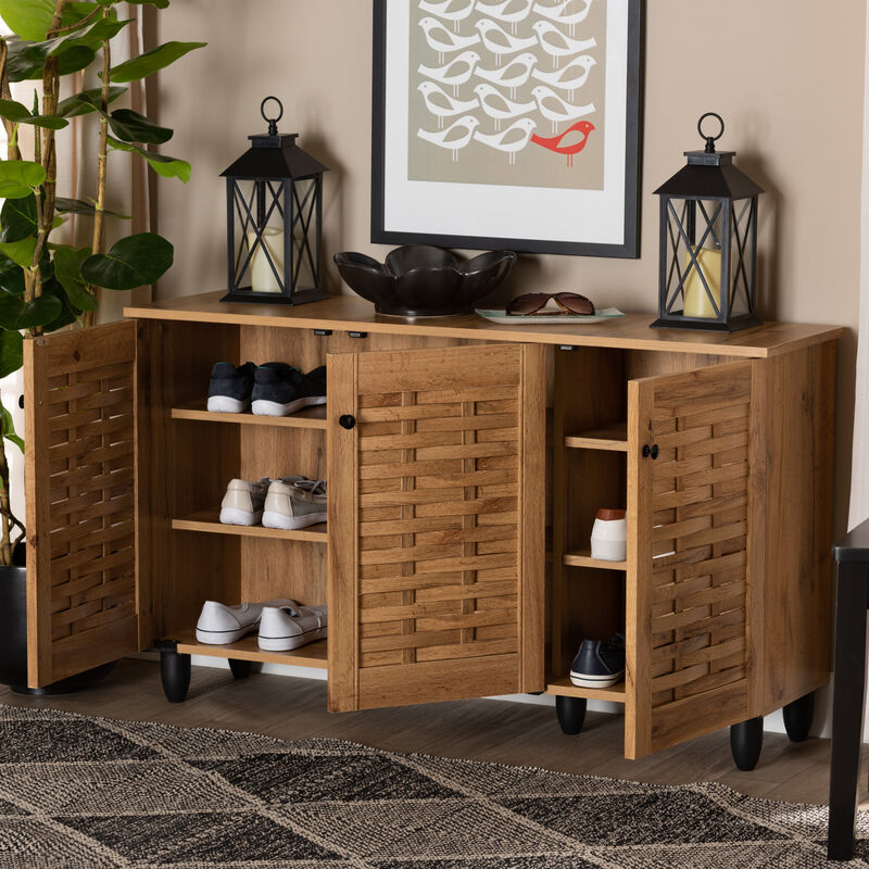 Baxton Studio Winda Modern and Contemporary Oak Brown Finished Wood 3 Door Shoe Cabinet