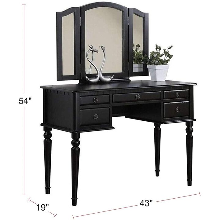 Bedroom Contemporary Vanity Set w Foldable Mirror Stool Drawers Black Color