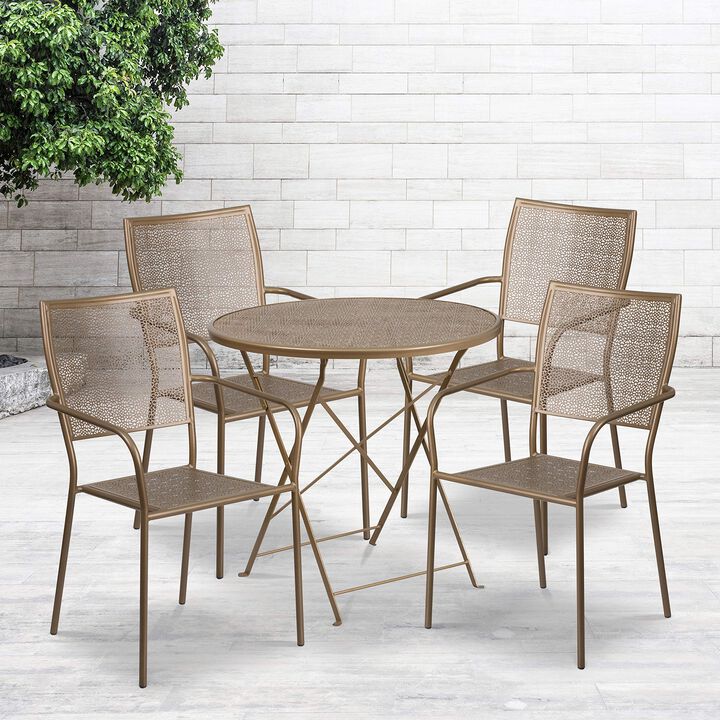 Flash Furniture Oia Commercial Grade 30" Round Gold Indoor-Outdoor Steel Folding Patio Table Set with 4 Square Back Chairs