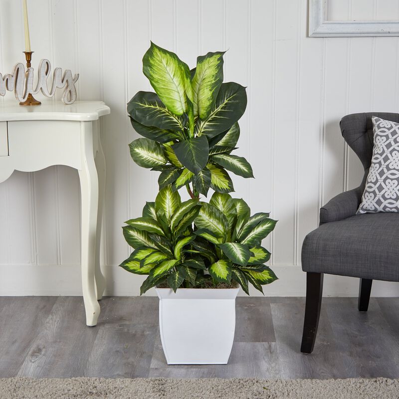 Hivvago 46" Golden Dieffenbachia Artificial Plant in White Metal Planter