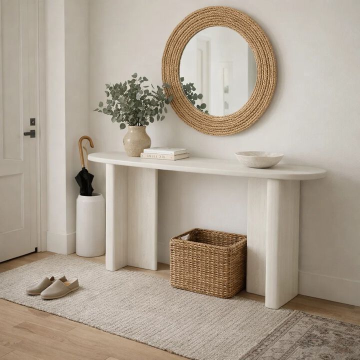 Console Table, White Wood, 63 Inch Rectangular Top with Minimalist Legs